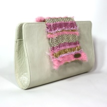 Leather Beige clutch with woven fabric