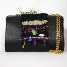 Leather Black clutch with woven fabric