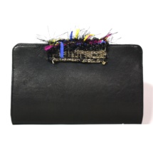 Leather Black clutch with woven fabric