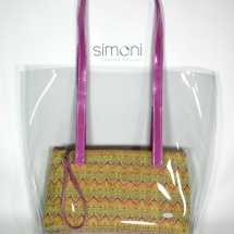 Plastic bag with woven purse and fucsia handles