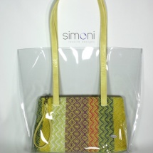 Plastic bag with woven purse and yellow handles
