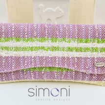 Purple green and white woven clutch