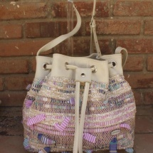 Woven Beige, Pink and White Shoulder bag with Beige leather