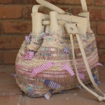 Woven Beige, Pink and White Shoulder bag with Beige leather detail