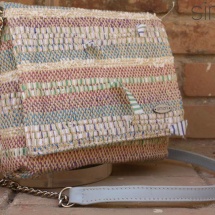 Woven Strippy Shoulder bag with Blue leather detail