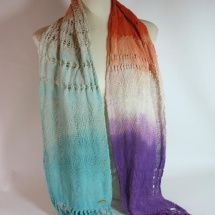 Woven hand dyed shawl in blue orange white and purple