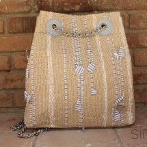 Woven, handmade Backpack in blue, green, beige and white