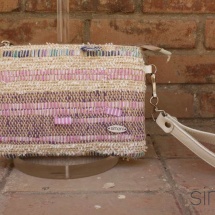 Woven, handmade purse with beige leather handle