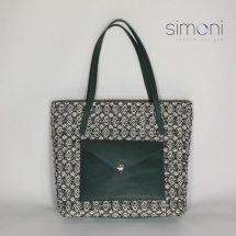 Woven shopper bag with green leather